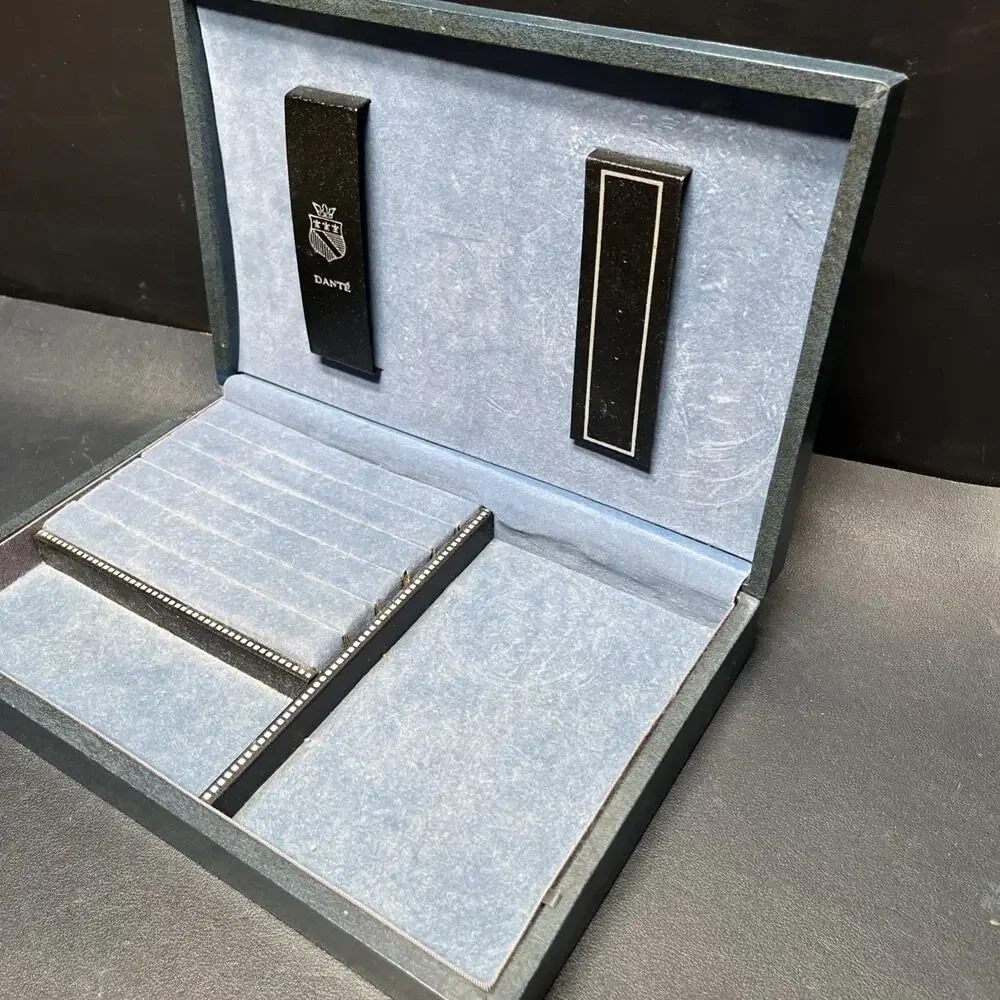 Vintage Dante Mens Jewelry Box Valet Box Faux Blue Leather, Swords & Crown